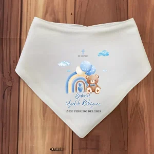 Babero de Bautizo Boho Azul con Osito, Globo y Arcoíris Q27731