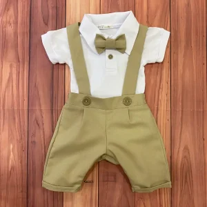 Conjunto de Bautizo Blanco y Beige para Niño con Mameluco Manga Corta y Pantalón Q27949