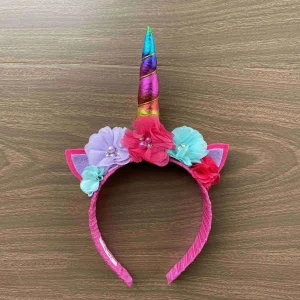 Diadema de Unicornio Fucsia, Lila y Menta con Flores Q28397