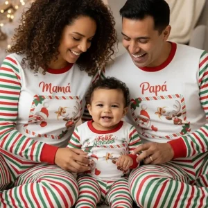 Pijama Navideña Roja y Verde con Feliz Navidad Santa y Reno Q29057