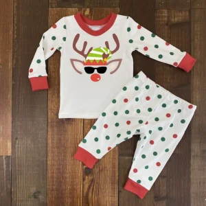 Pijama Navideña Roja y Verde de Puntos con Carita de Reno y Nombre Q29071