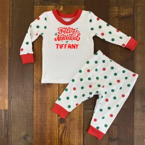 Pijama Navideña Roja y Verde de Puntos con Feliz Navidad y Nombre Q29073