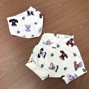 Set de Babero y Short Blanco con Perros y Gatos Q29464