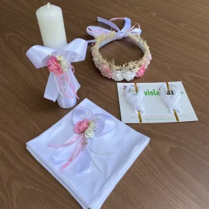 Set de Bautizo Blanco y Rosado con Flores Q29500