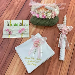 Set de Bautizo Blanco y Rosado con Flores Brenda Q29504