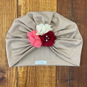 Turbante Beige de Flores Vino, Coral y Blanco Q30035