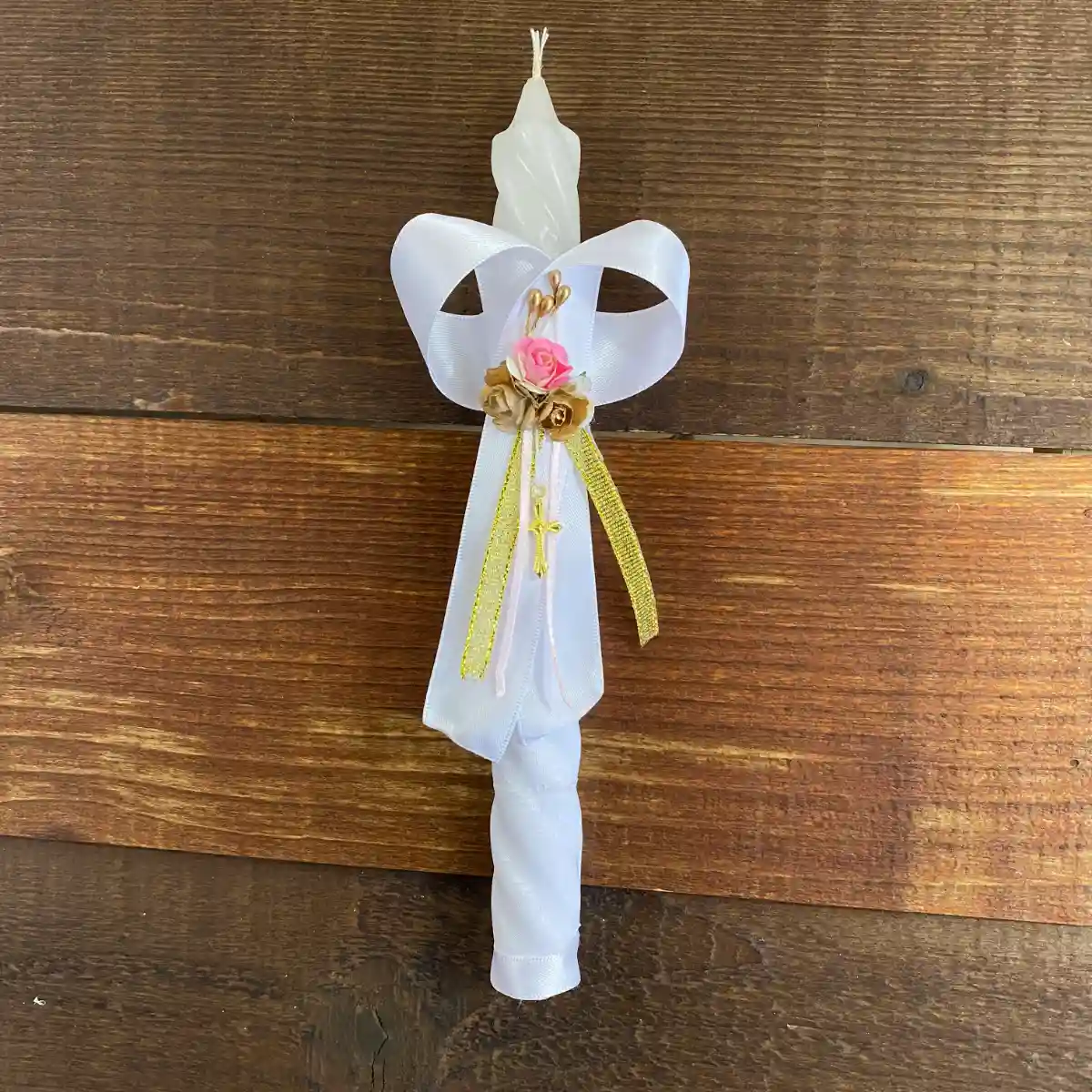Vela Torneada Blanca con Flores Doradas y Rosadas Berenice Q30219