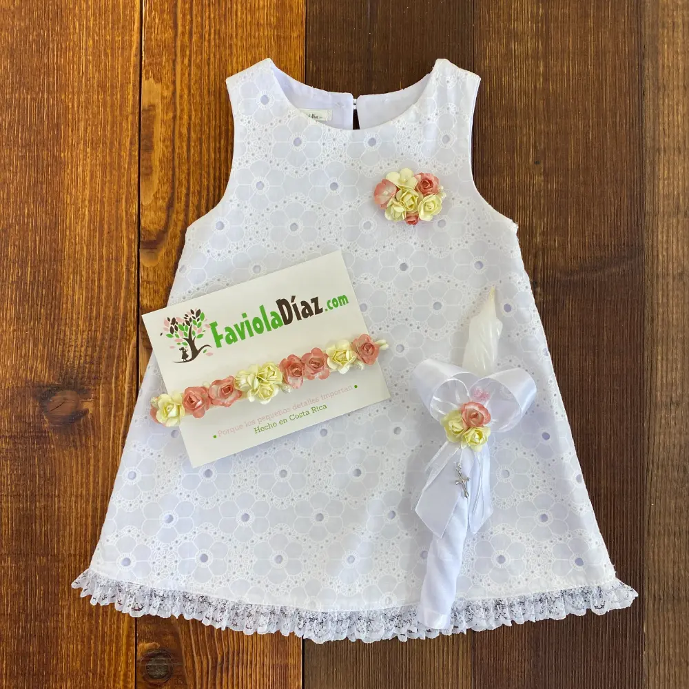 Vestido Betania Blanco con Flores Beige y Palo Rosa Q30295 - Imagen 2