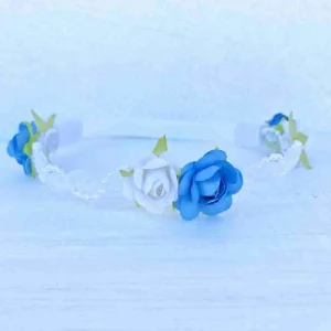 Vincha Blanca de Perlas con Flores Blancas y Azul Q30824