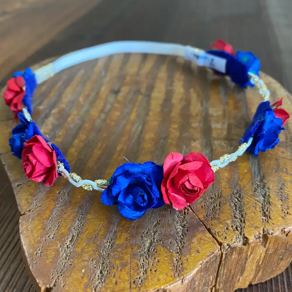 Vincha Dorada con Flores Azul y Rojo Q30988