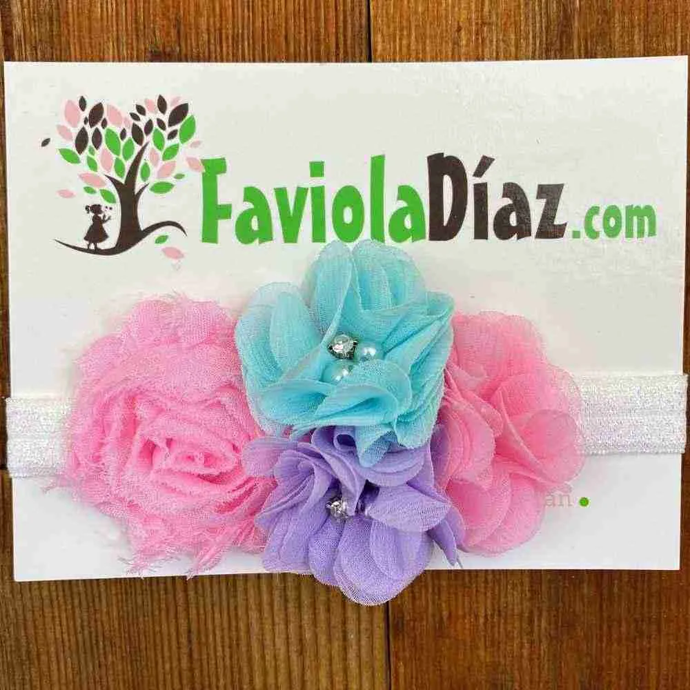 Vincha Alicia de Flores Menta, Lila y Rosadas Q30452