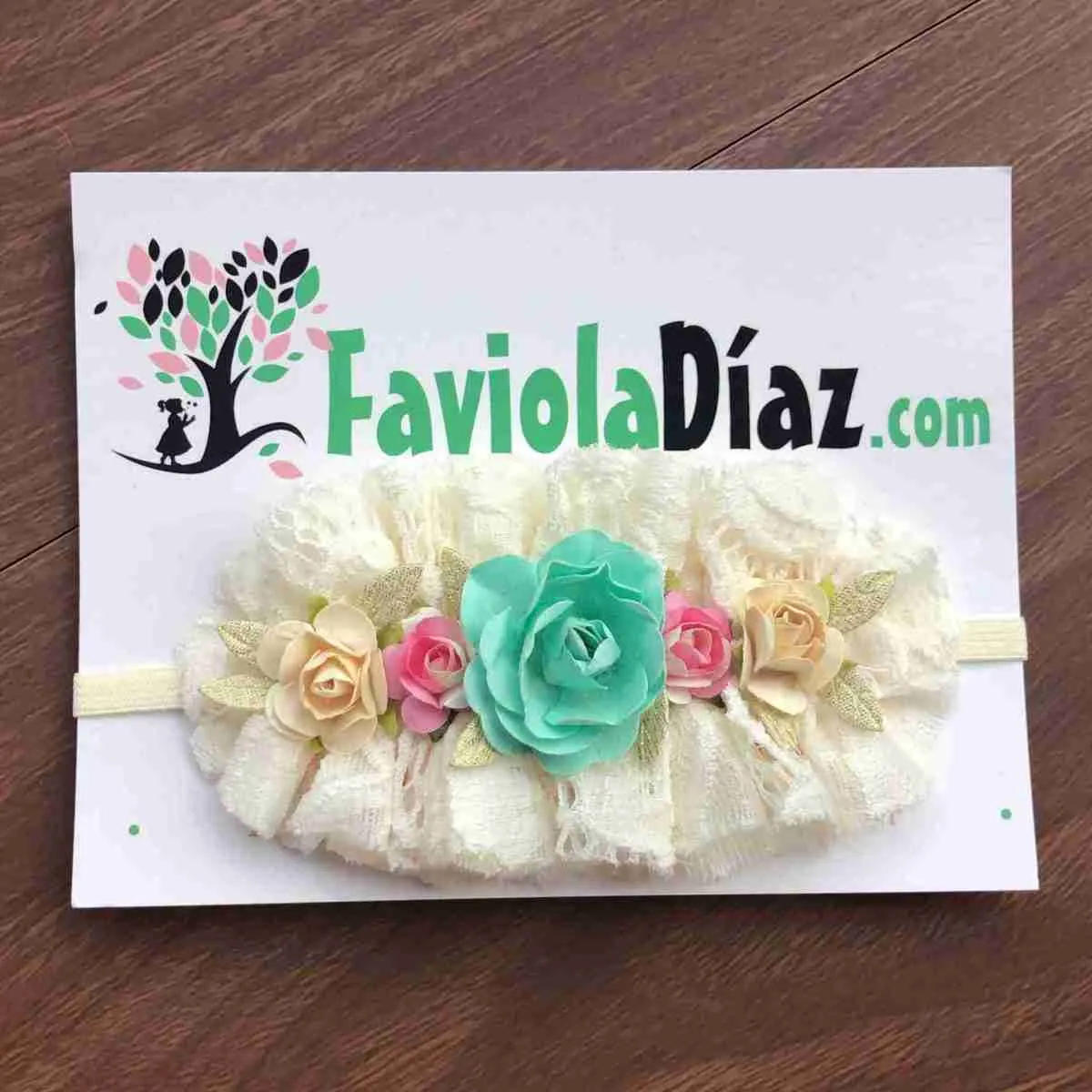 Vincha Vintage con Flores Menta Rosado y Beige Q31578